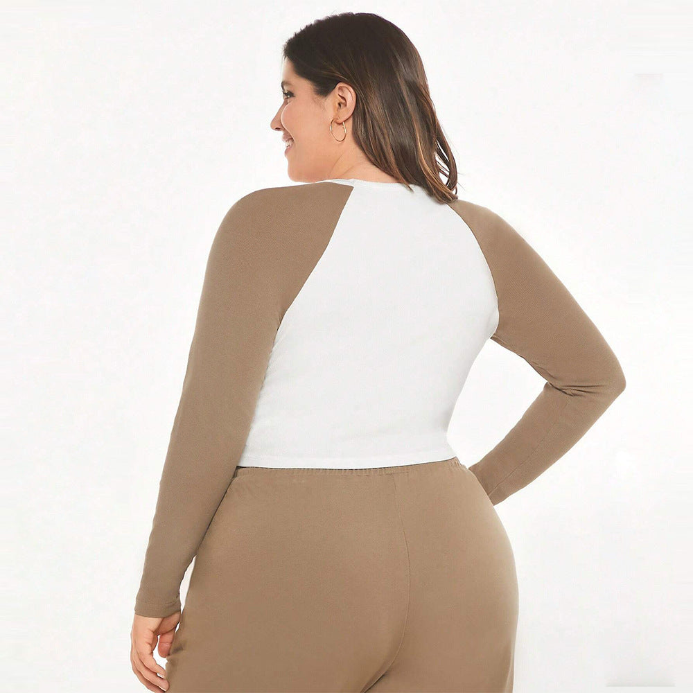 Women's Slim-fitting Round-neck Short Spliced Color-block Long-sleeve Top