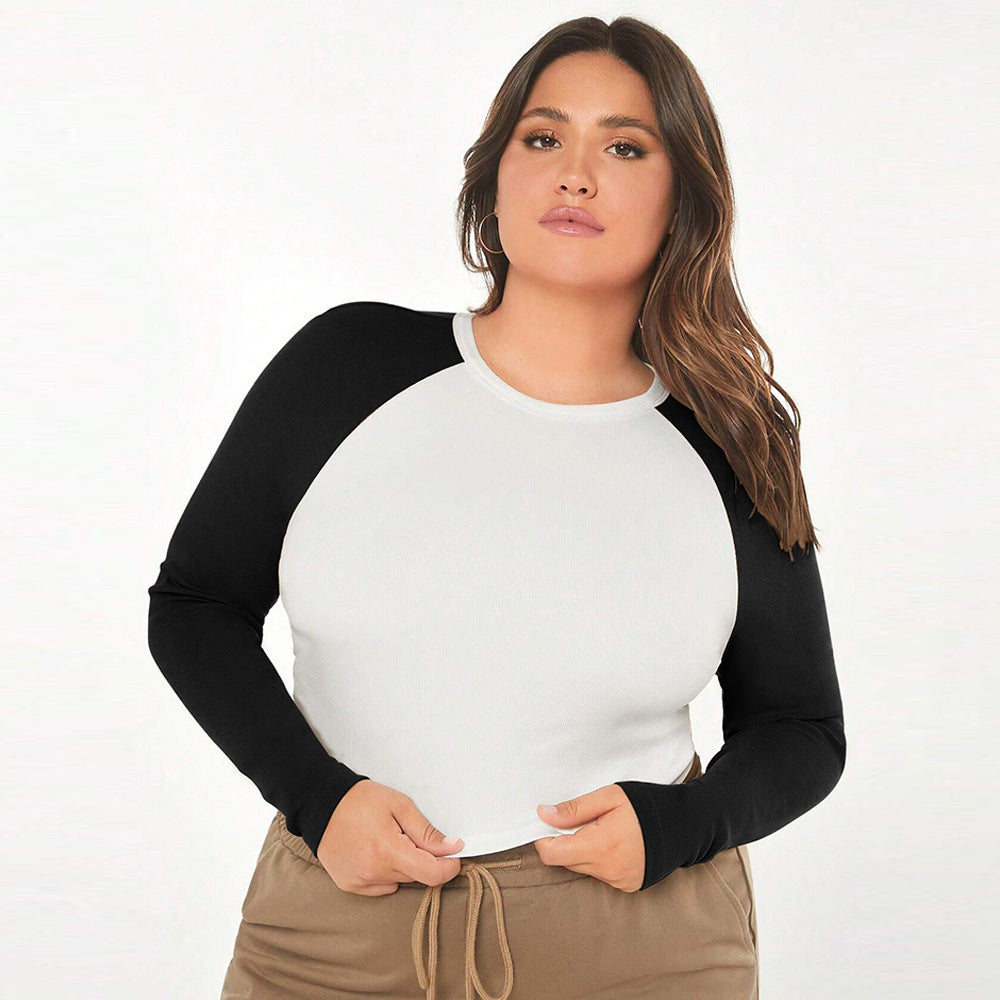 Women's Slim-fitting Round-neck Short Spliced Color-block Long-sleeve Top
