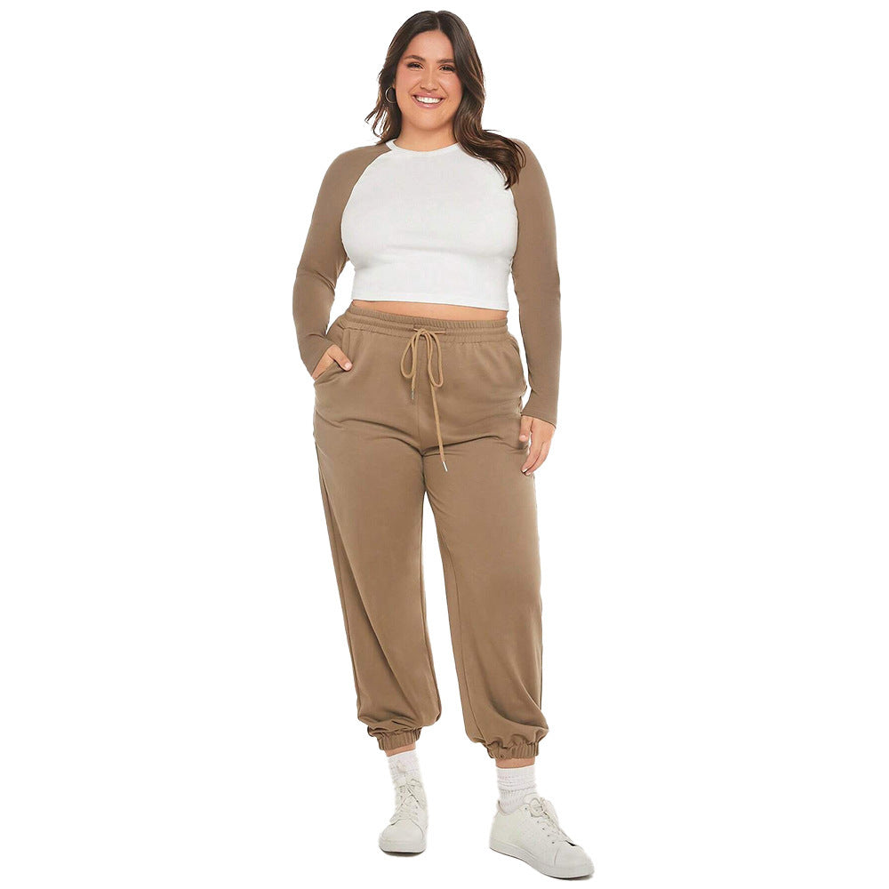 Women's Slim-fitting Round-neck Short Spliced Color-block Long-sleeve Top