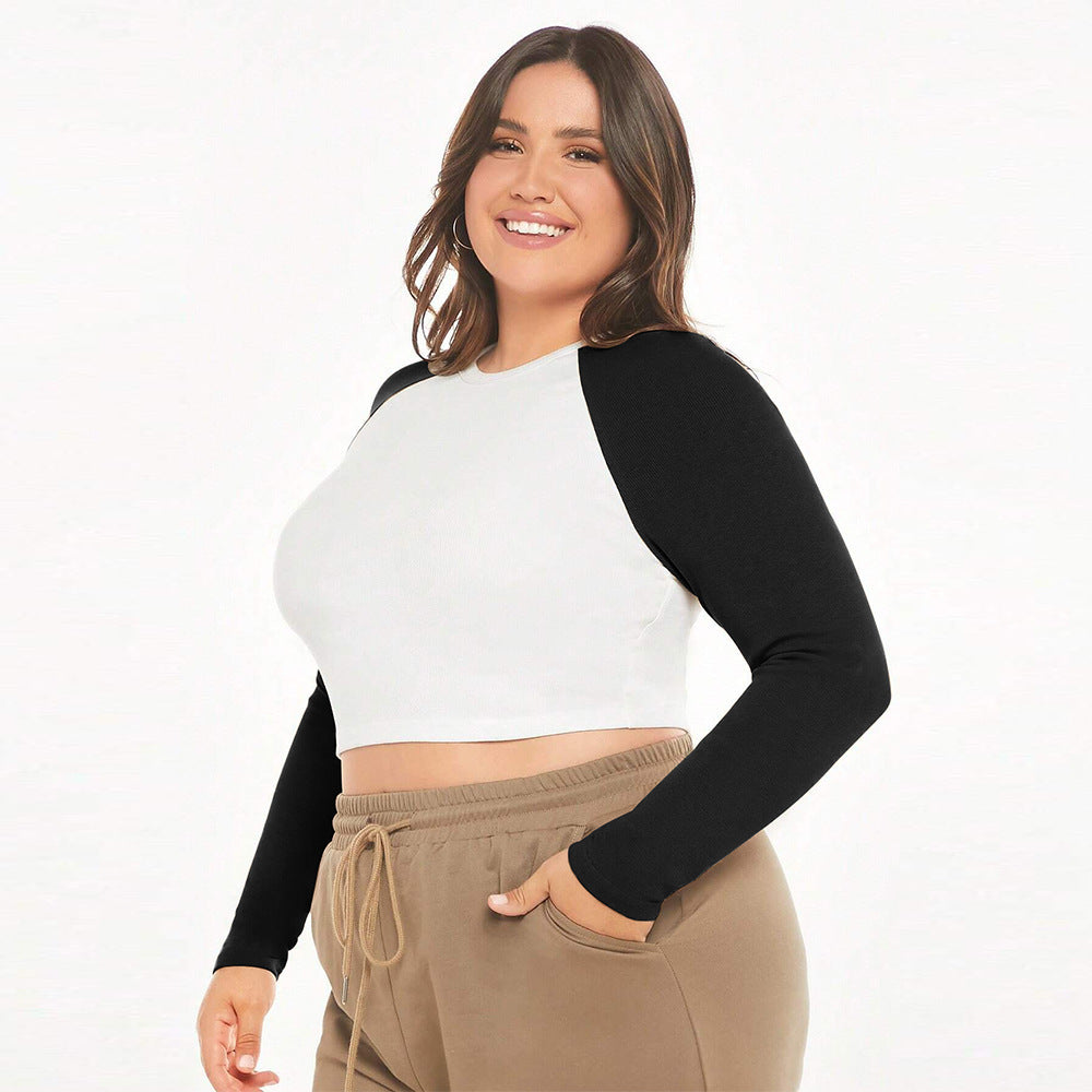 Women's Slim-fitting Round-neck Short Spliced Color-block Long-sleeve Top