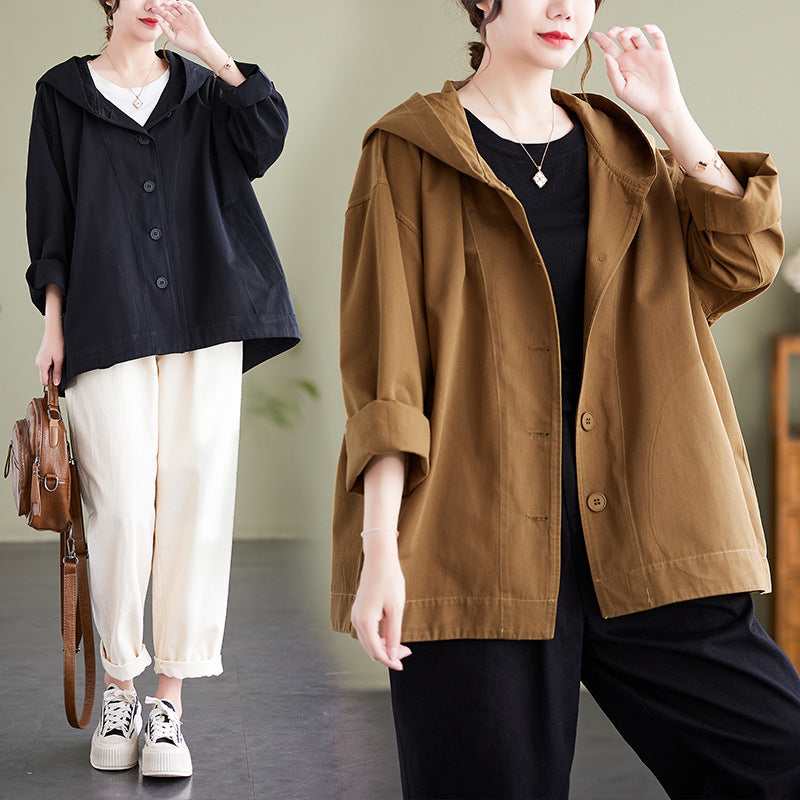 Hooded Loose Coat - Women Clothing