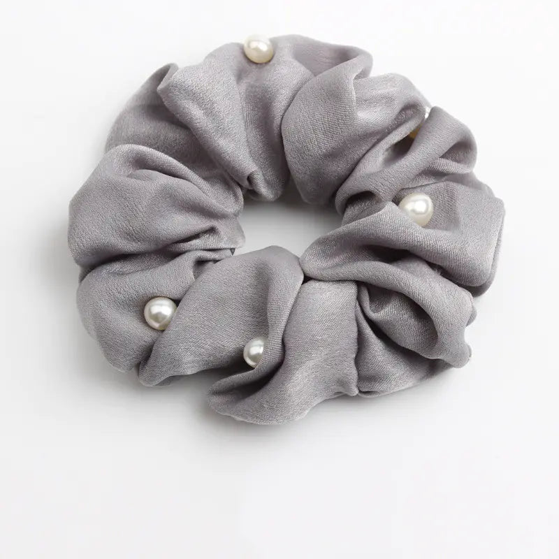 cloth hair accessories with Feathers and Scarf, stylish grey scrunchie with pearl accents.