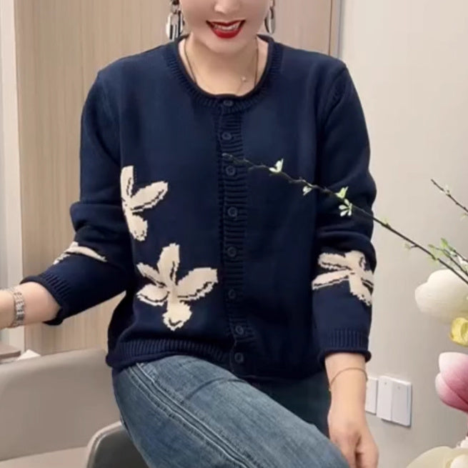 Stylish Knit Winter Fashion Lazy Retro Floral Round Neck Cotton Top
