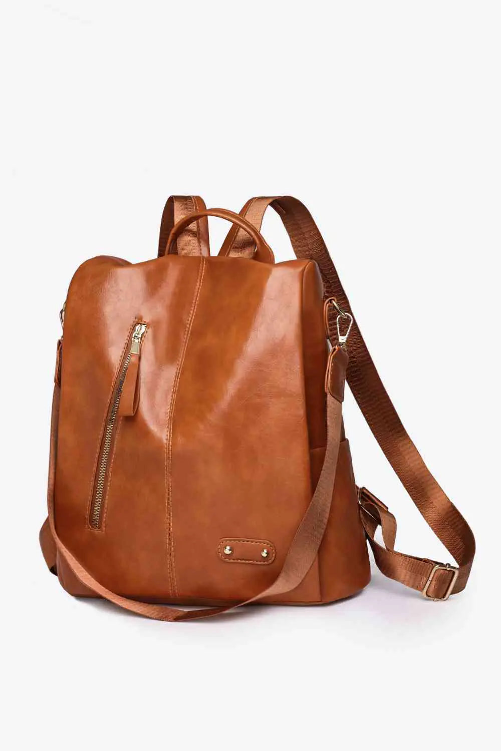 Stylish Marcy Zipper Pocket Backpack in brown leather with slim straps and zipper pockets for organization.