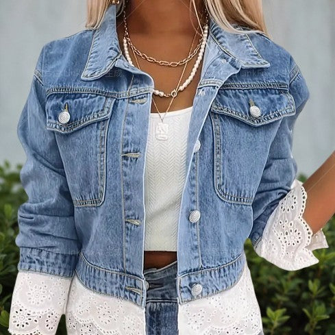 Lace Stitching Denim Jacket - Women Clothing