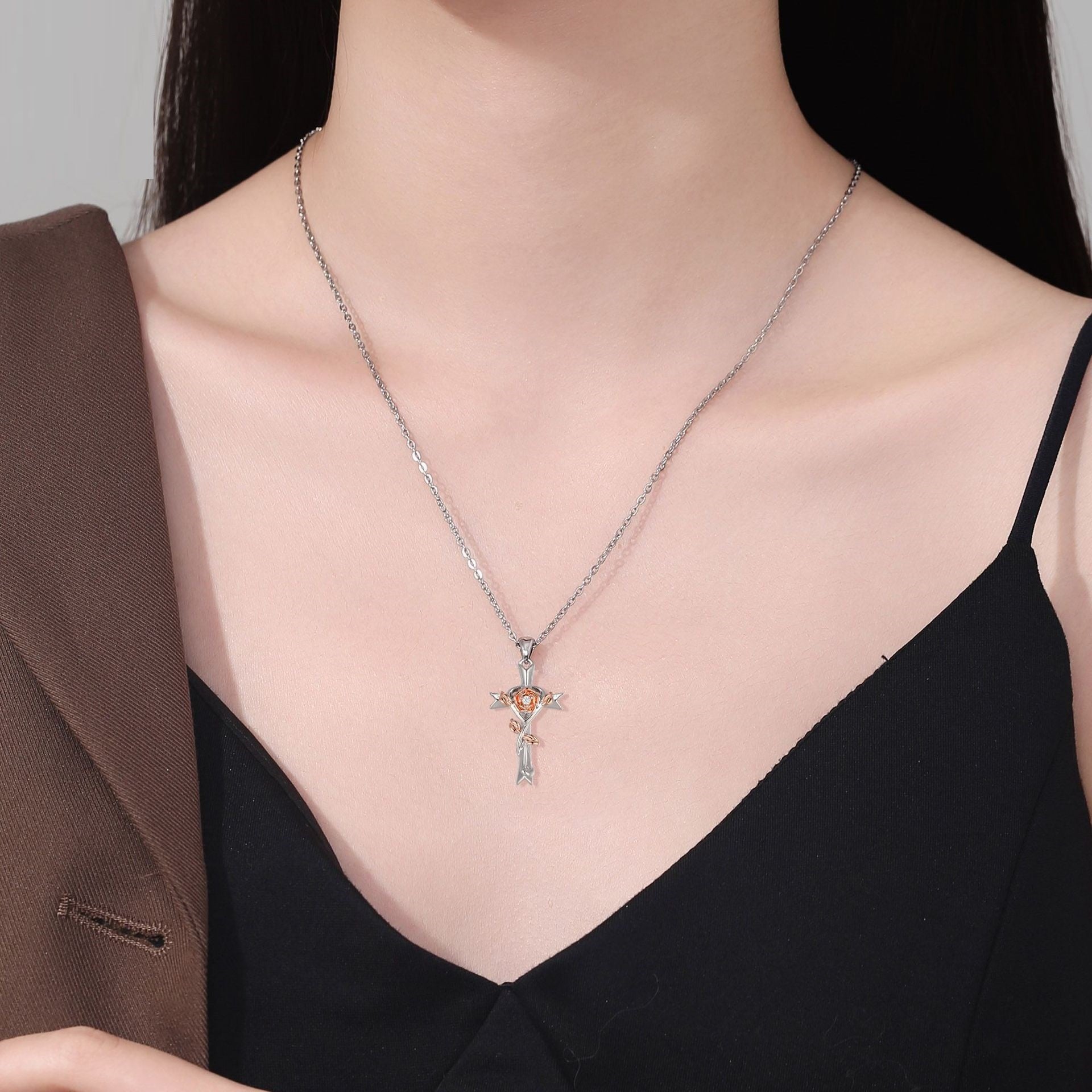 Cross Rose Jewelry Gift Necklace For Women