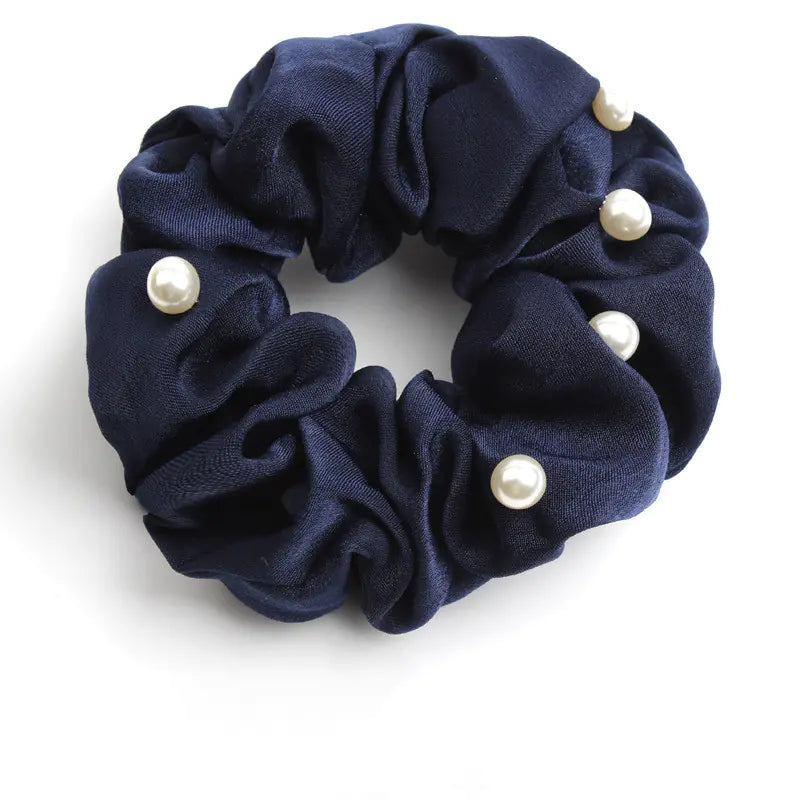 cloth hair accessories with Feathers and Scarf - Navy blue scrunchie with pearl embellishments