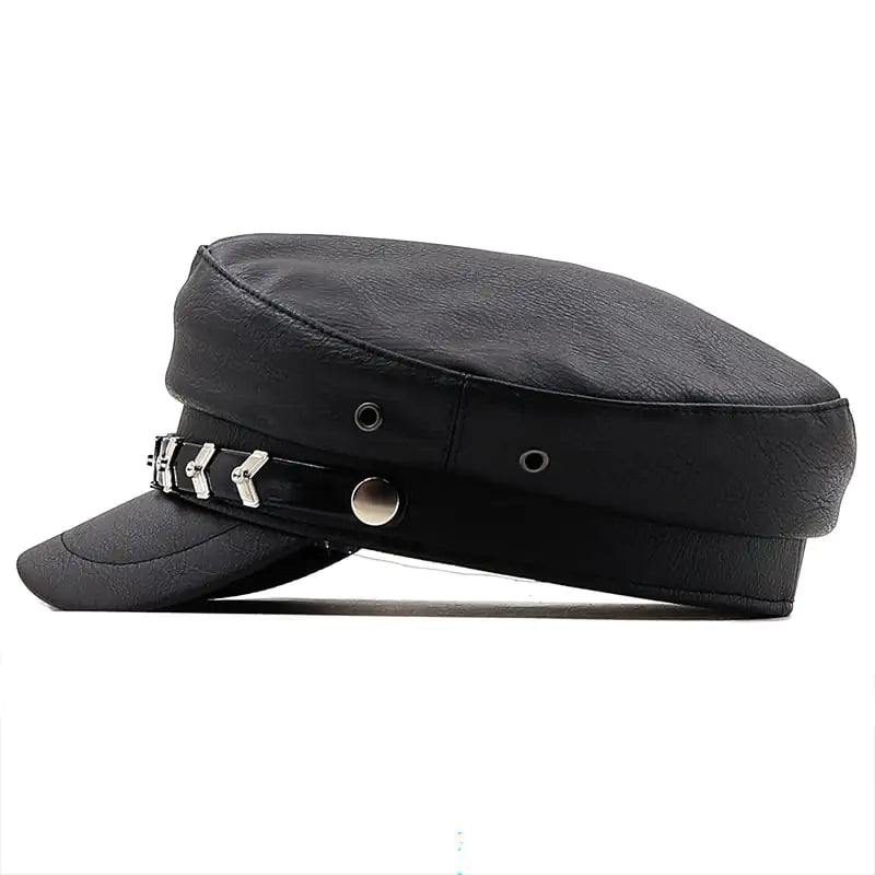 Retro Personality Chain Navy Hat for Men and Women, stylish black PU material hat featuring a trendy chain design.