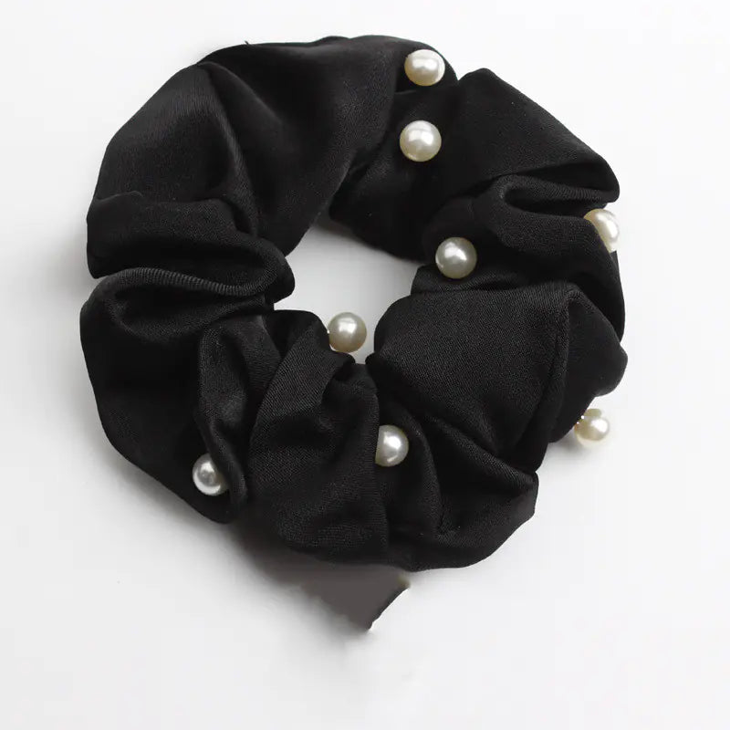cloth hair accessories with Feathers and Scarf - black scrunchie adorned with pearls, stylish hair accessory.